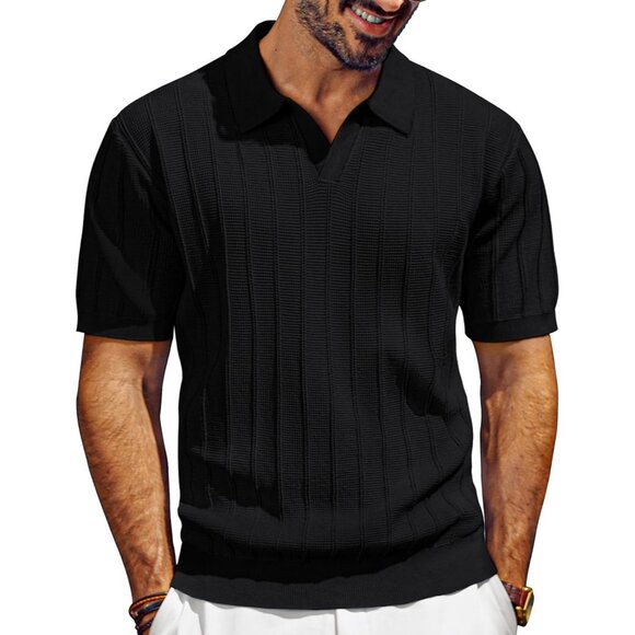 Men Black Short Sleeve Knit Polo Shirt Casual Lightweight Summer Top Tee - Picture 1 of 5